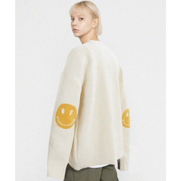 Graver of Aneheim Sweaters - Oversized CARDIGAN Smiley Face Elbow Patches Unisex One Size Cream Yellow